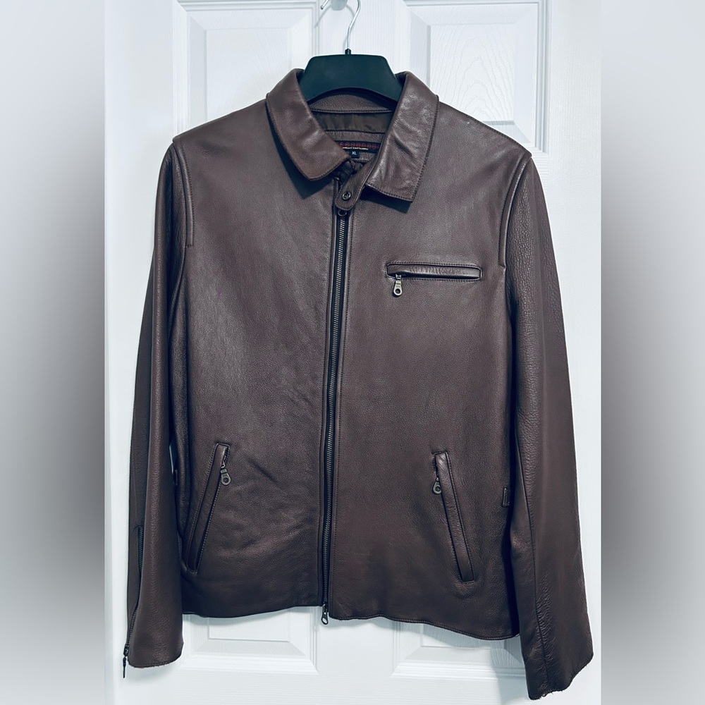 BNWOT MEN'S AG ADRIANO GOLDSCHMIED BROWN LEATHER JACKET US SIZE EXTRA LARGE (XL)